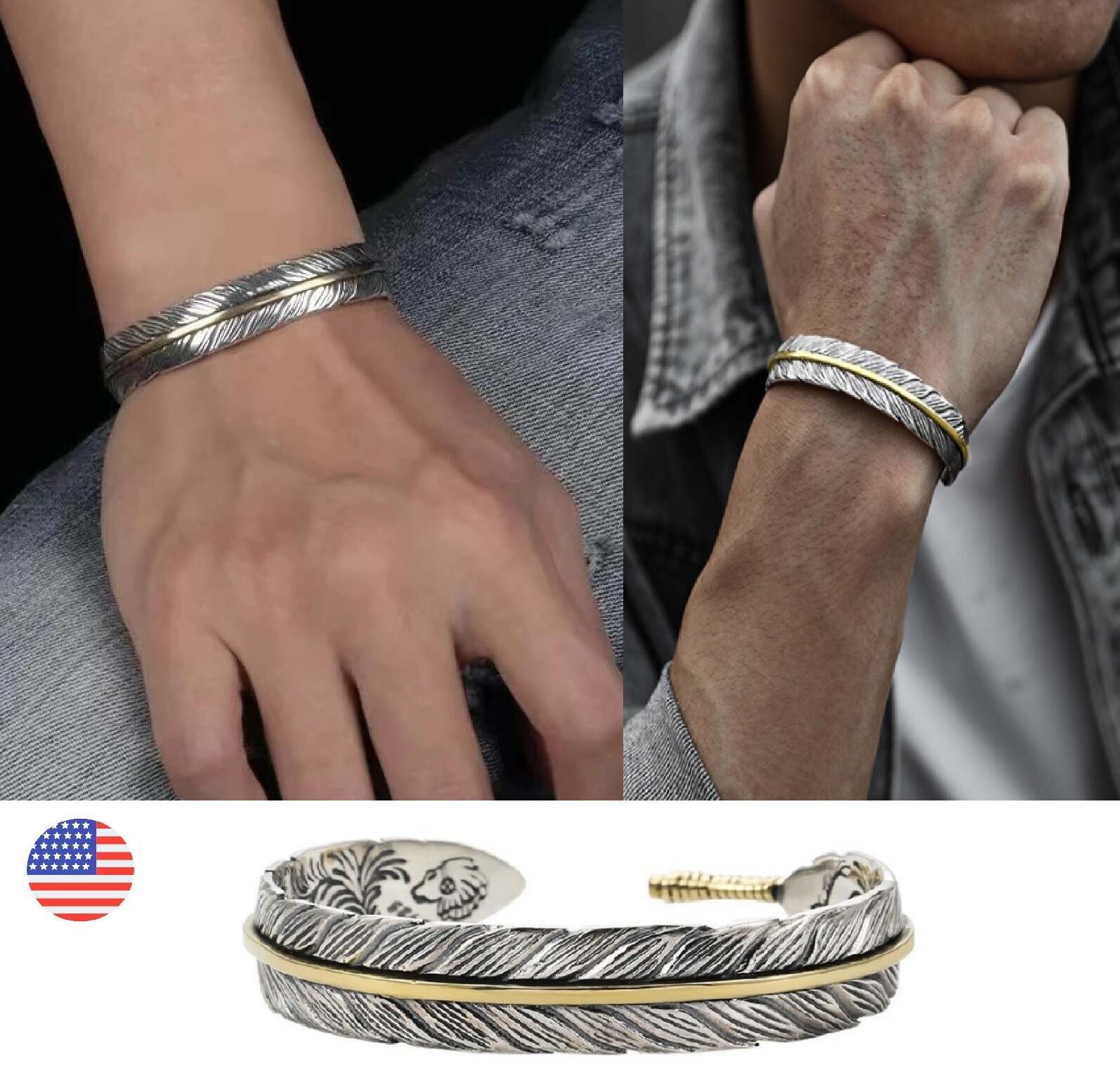 Men’s Retro Silver Feather Adjustable Bangle Cuff Bracelet Fashion Jewelry Gift