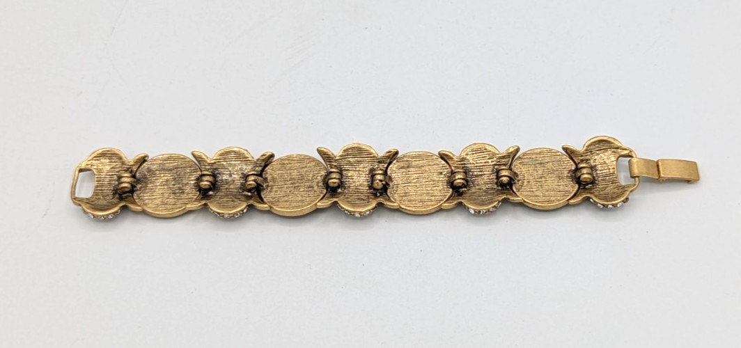 Greek Roman Emperor Faux Coin Bracelet Antique Gold Tone panel link Rhinestone