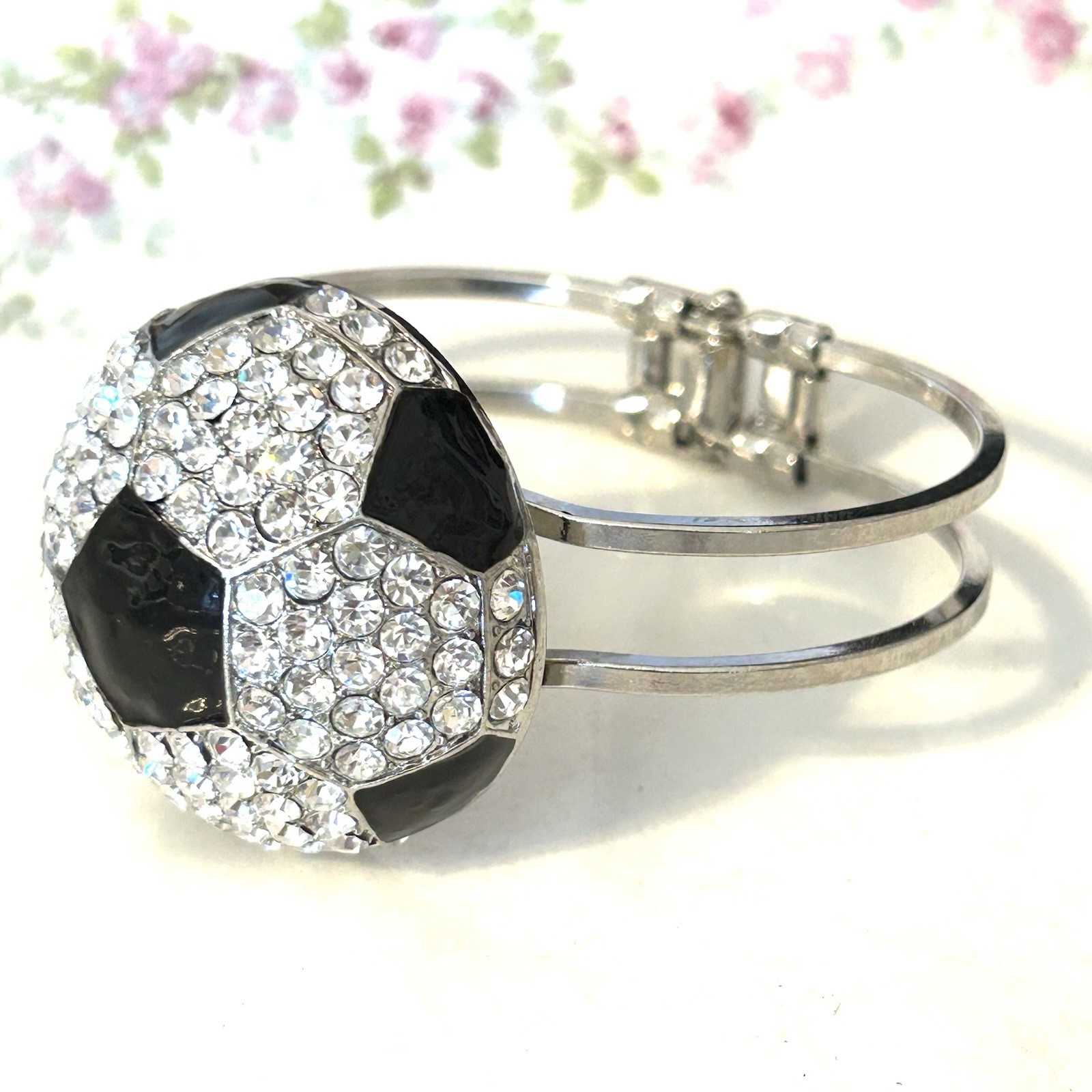 Rhinestone Soccer Ball Bracelet Hinged Cuff Silver Tone Sports Mom Bling