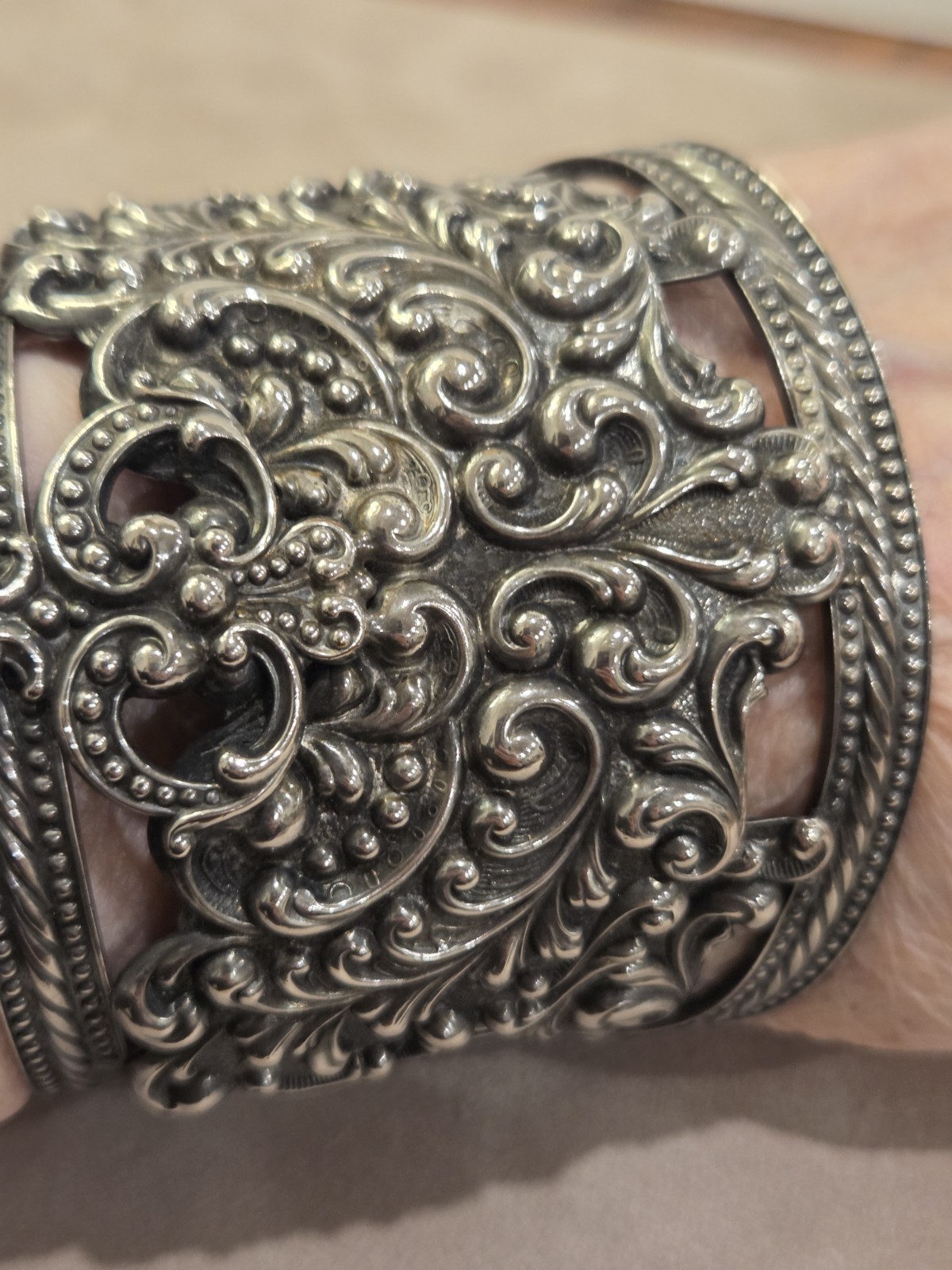 1950’s Napier Wide Silver Tone Ornate Openwork Cuff Bracelet 8″ Circumference
