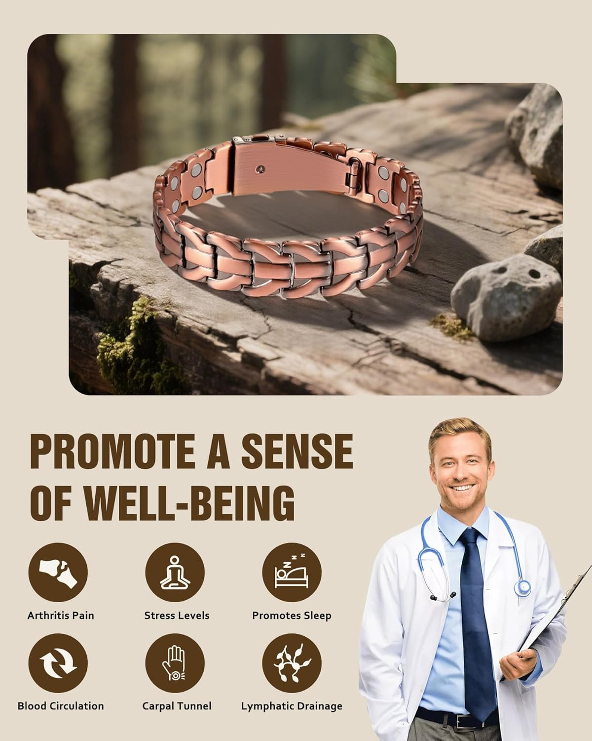 Pure Copper Bracelet for Men, 2X Strength Magnetic Bracelets for Men with Fold-O