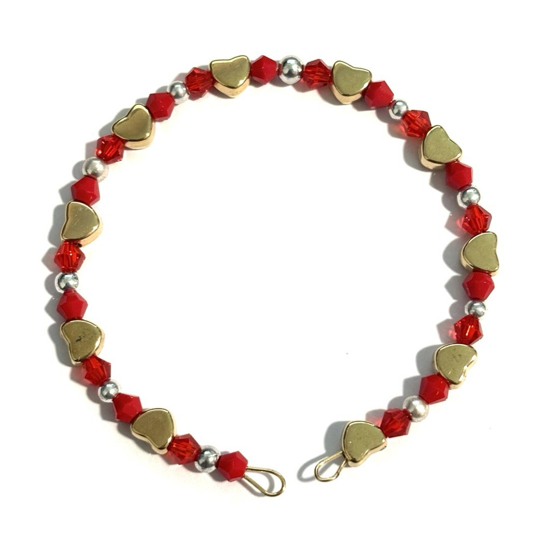 Red Crystal Round Beaded Bracelet with Gold/Silver-Tone Heart beads