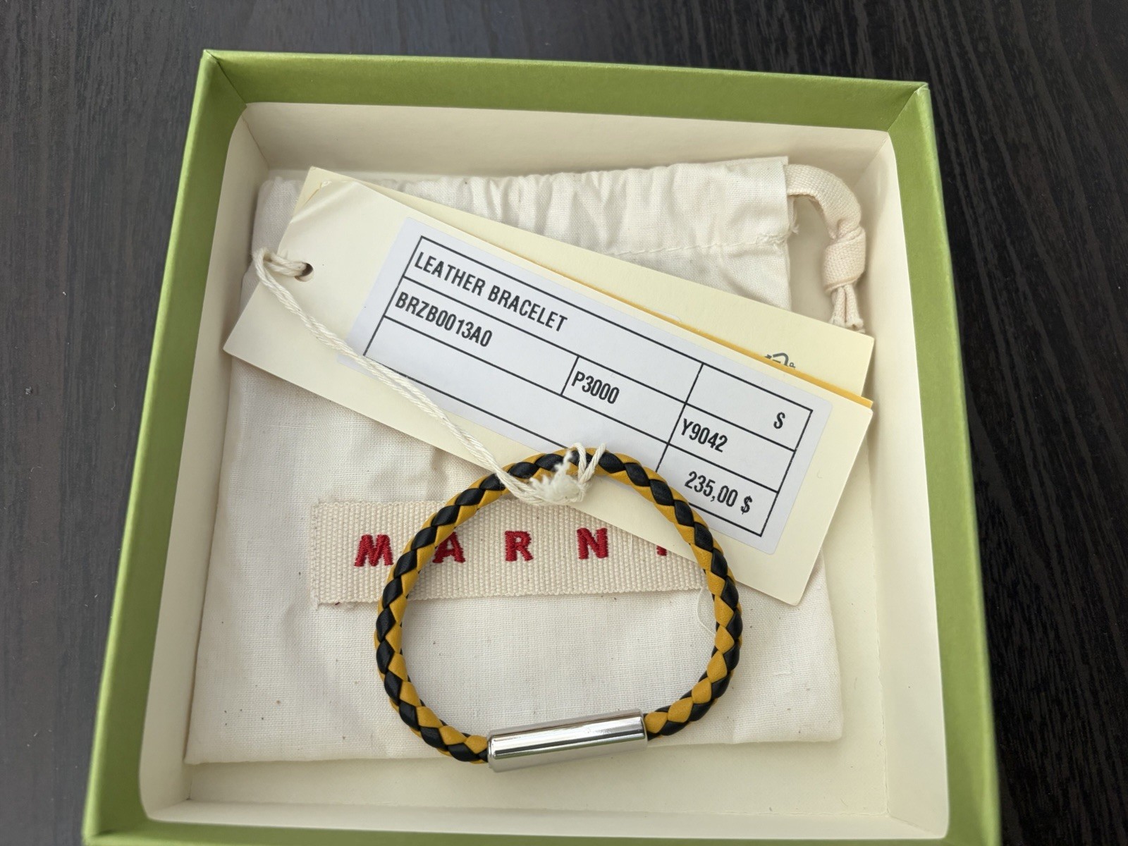 Marni Black & Yellow Braided Leather Bracelet, Size Small, NWT
