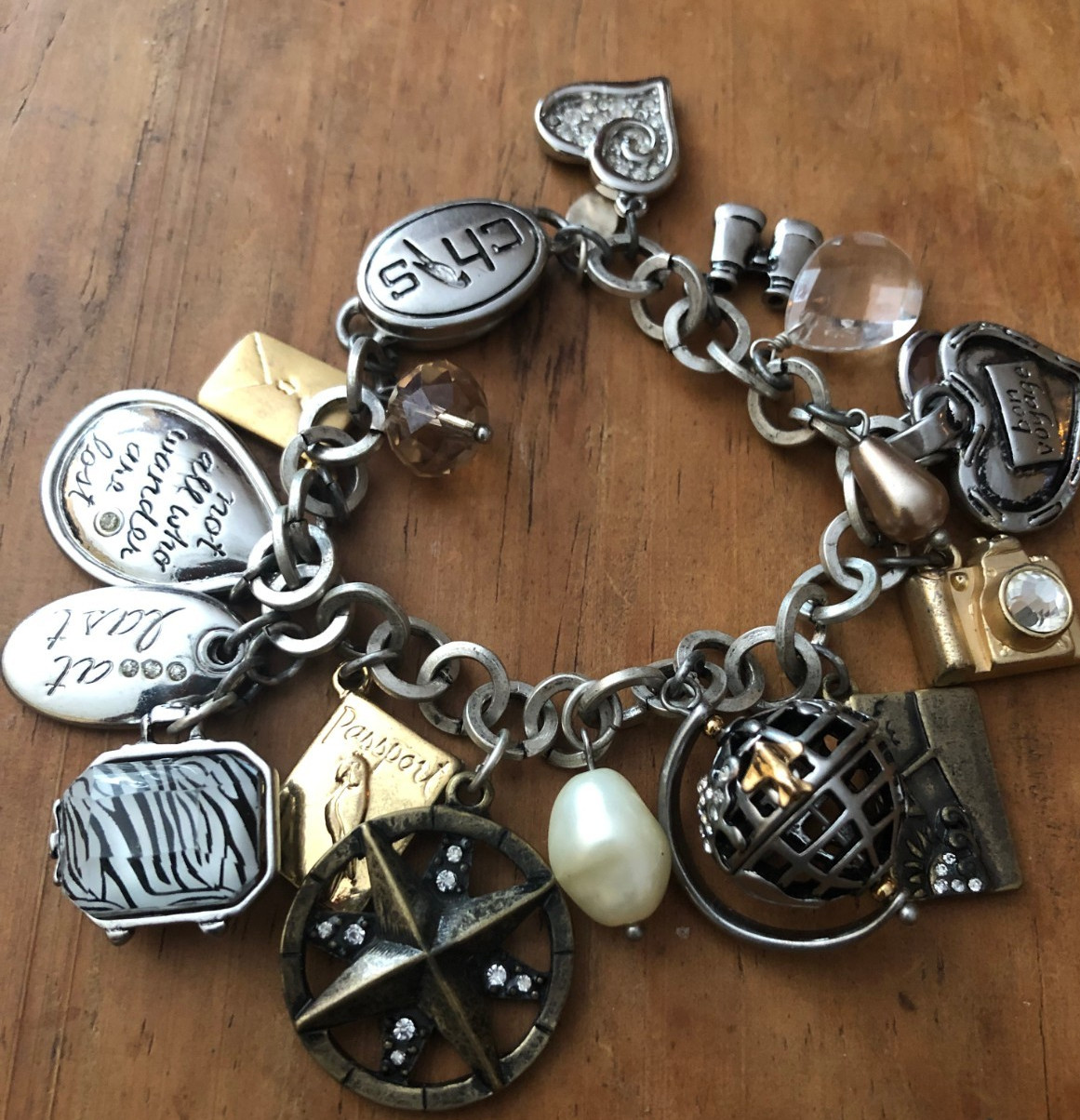 ~ FABULOUS 17 CHARMS ~ CHICO’S WORLD TRAVELER SILVER & GOLDTONE BRACELET ~
