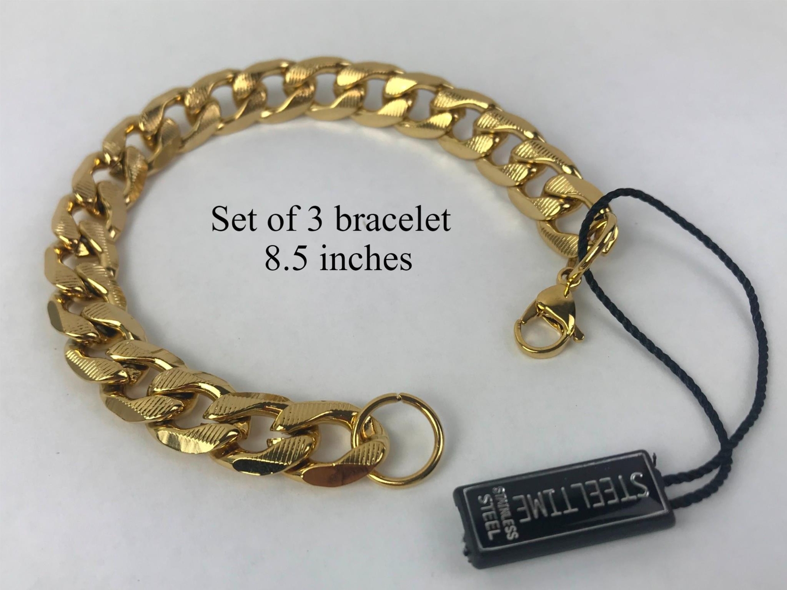 Steeltime Bracelet Stainless Thick Flat Curb Chain Gold Men 8.5 in Set of 3