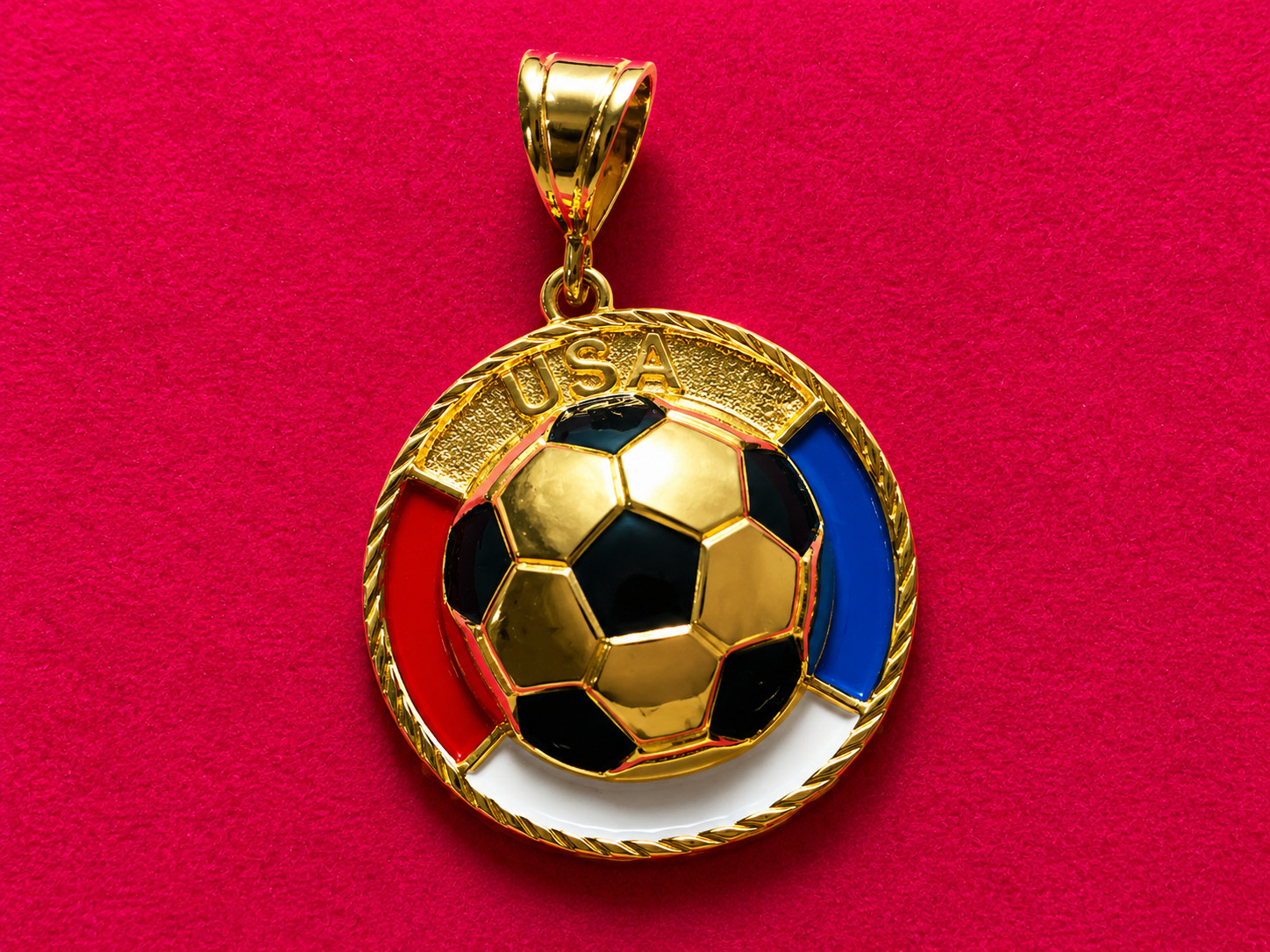 14KT Gold Plated USA Enamel Soccer Ball Charm w/16-30″ 2.5mm rope -USSB