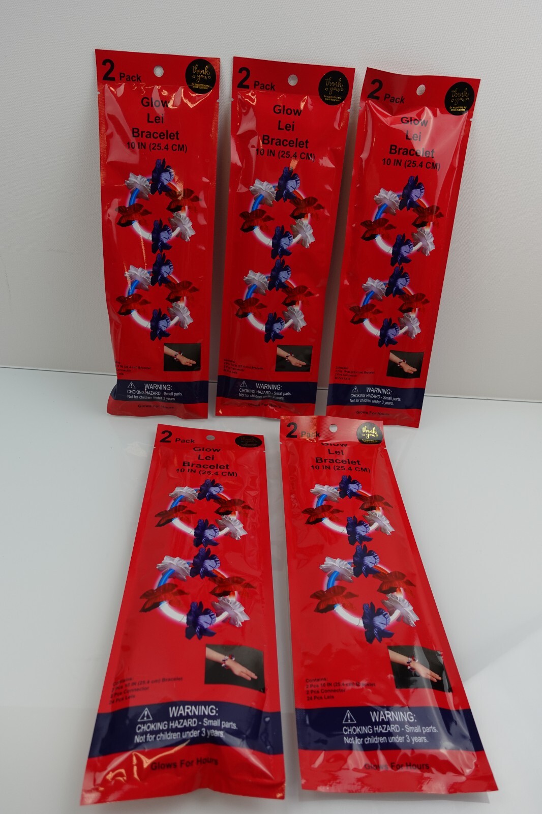 Glow Lei Bracelets Patriotic 2 Bracelets per Pack Lot of 5 Packs Red White Blue