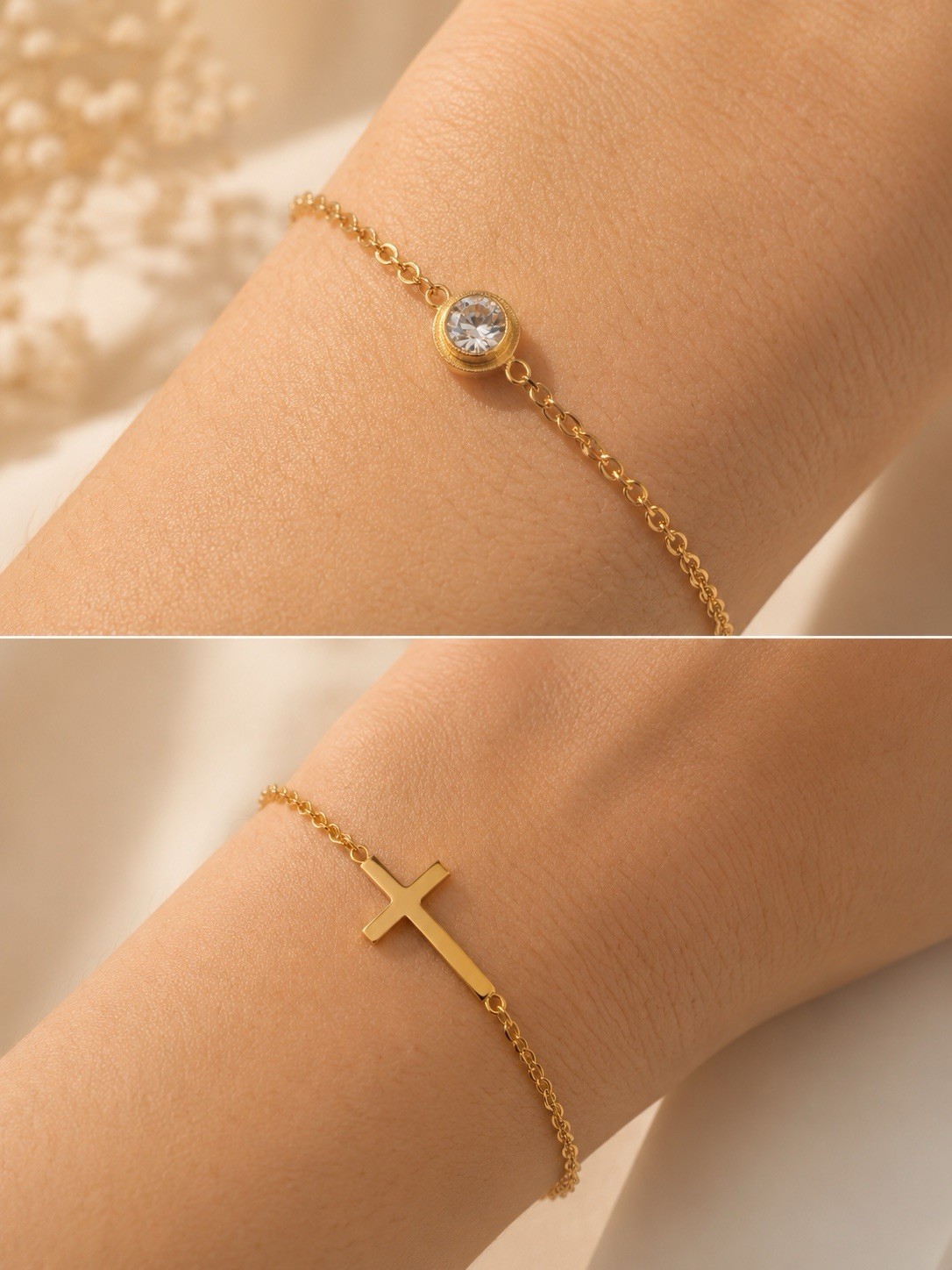 Cross Bracelet 18k Gold Plated Cable Chain Cross Dangle Charm Round CZ Bezel