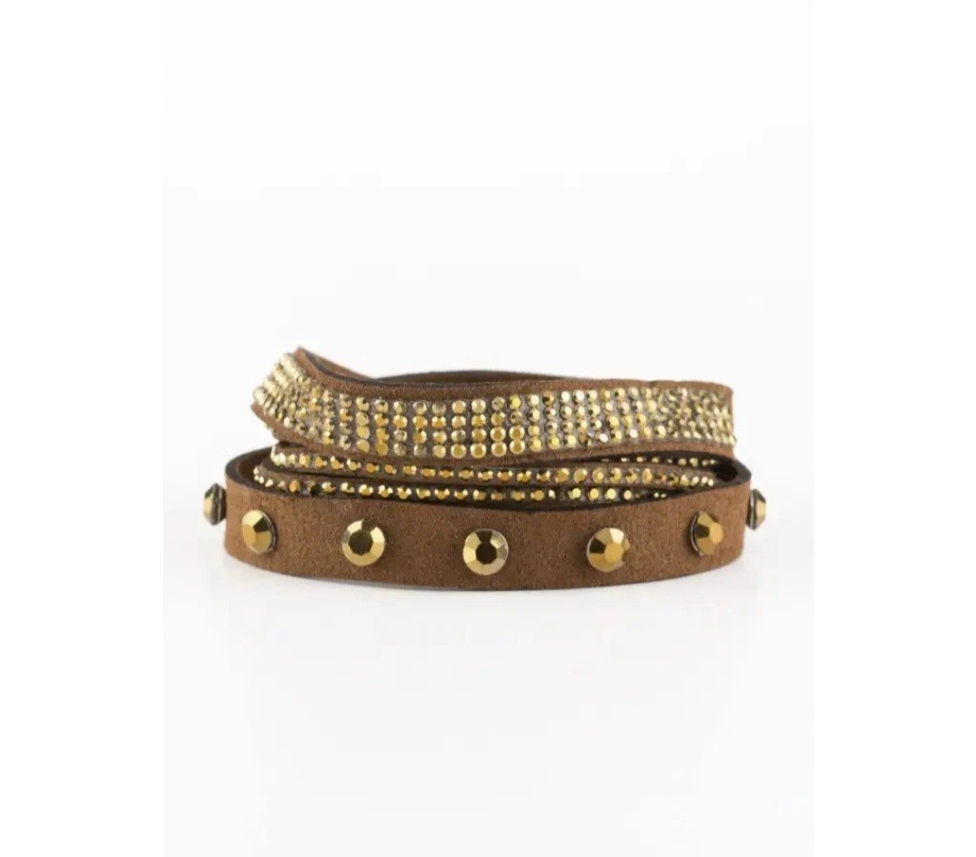 3 Adjustable Faux Leather Wrap Bracelet w/ Clear Crystal Rhinestone Studs