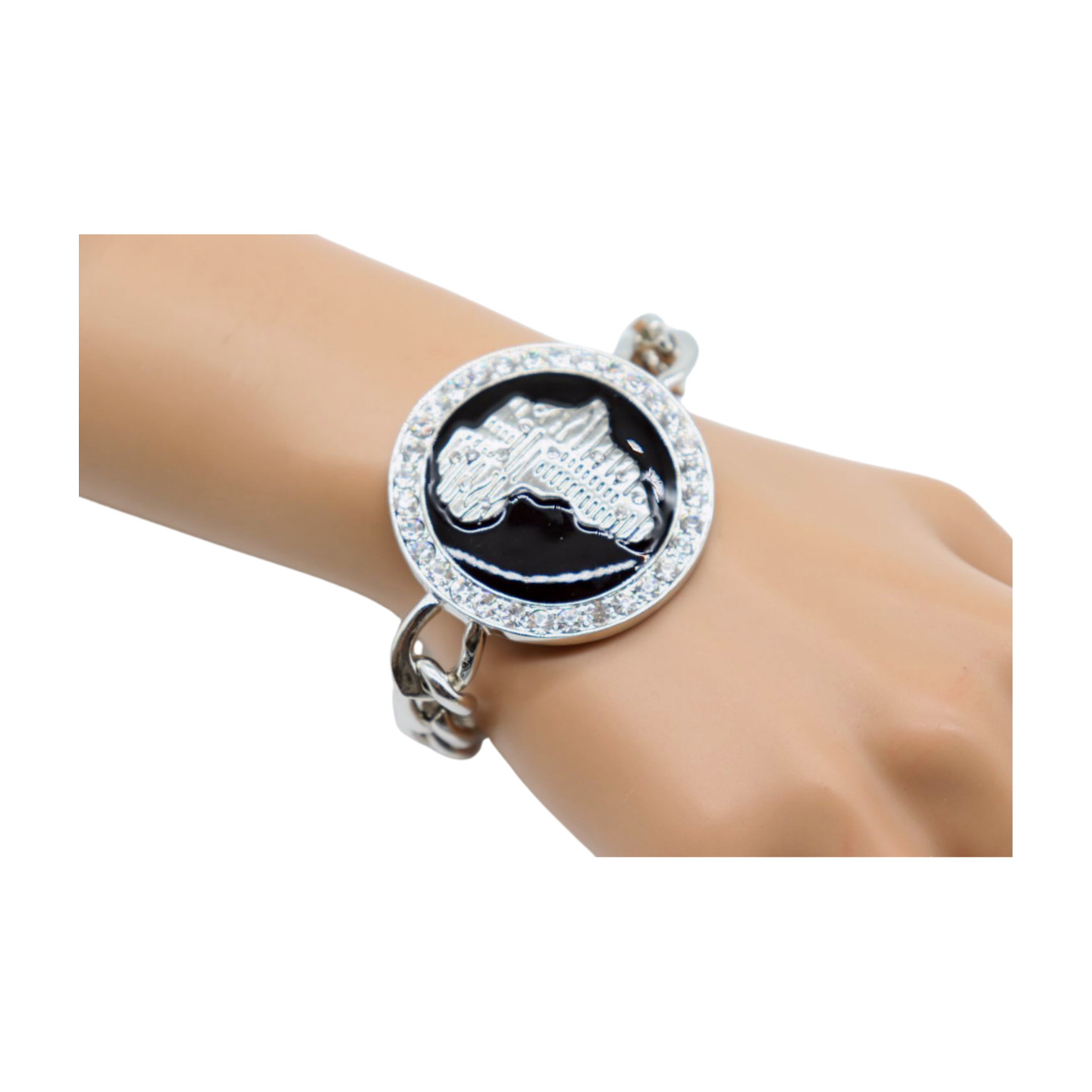 Women Silver Metal Chain Bracelet Africa Continent Bling Charm Adjustable Size