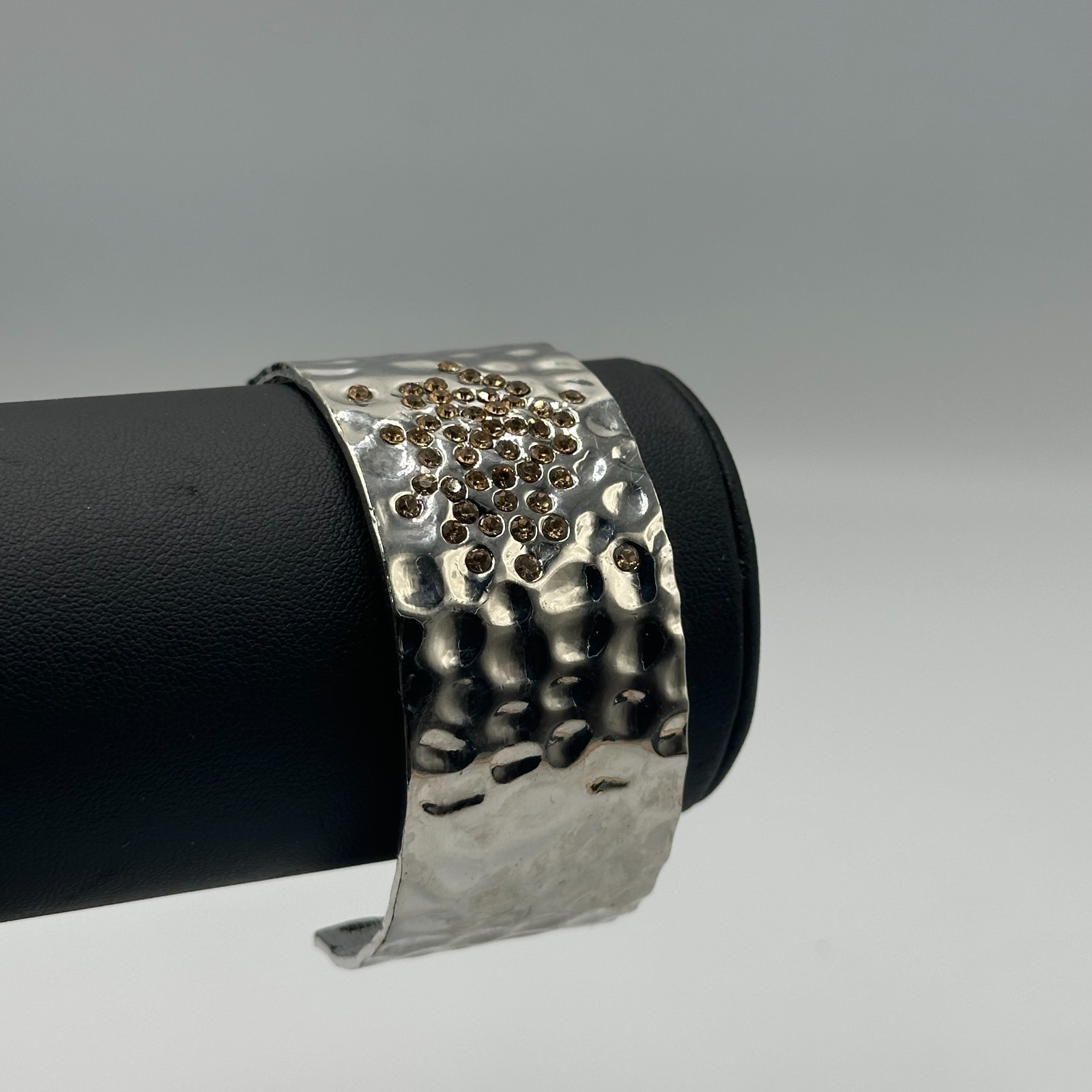 Cuff Bracelet Silver Tone Hammered Metal Brown Rhinestone Cluster