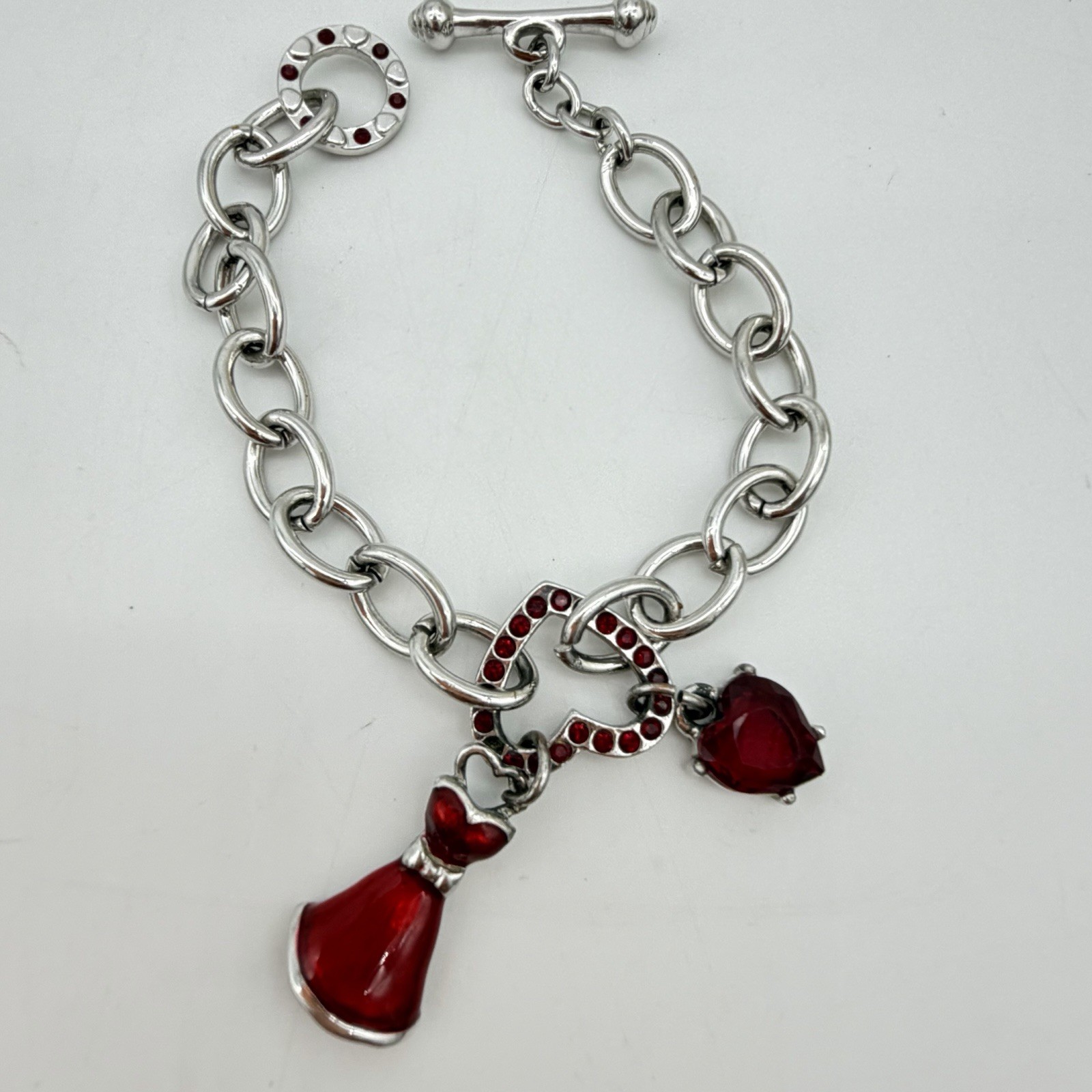 Swarovski Charm Bracelet Red Heart Red Dress Open Link Pave Crystals Swan Signed