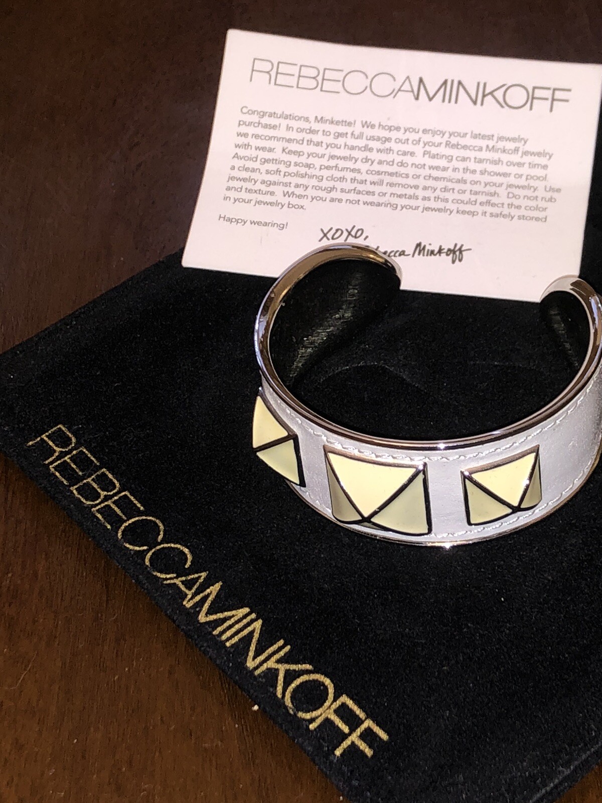REBECCA MINKOFF White Leather Enamel Studded Silver Plate Cuff Bracelet SM/Med