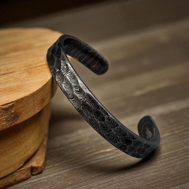Damascus Steel Bangle Modern Viking Style Cuff Bracelet
