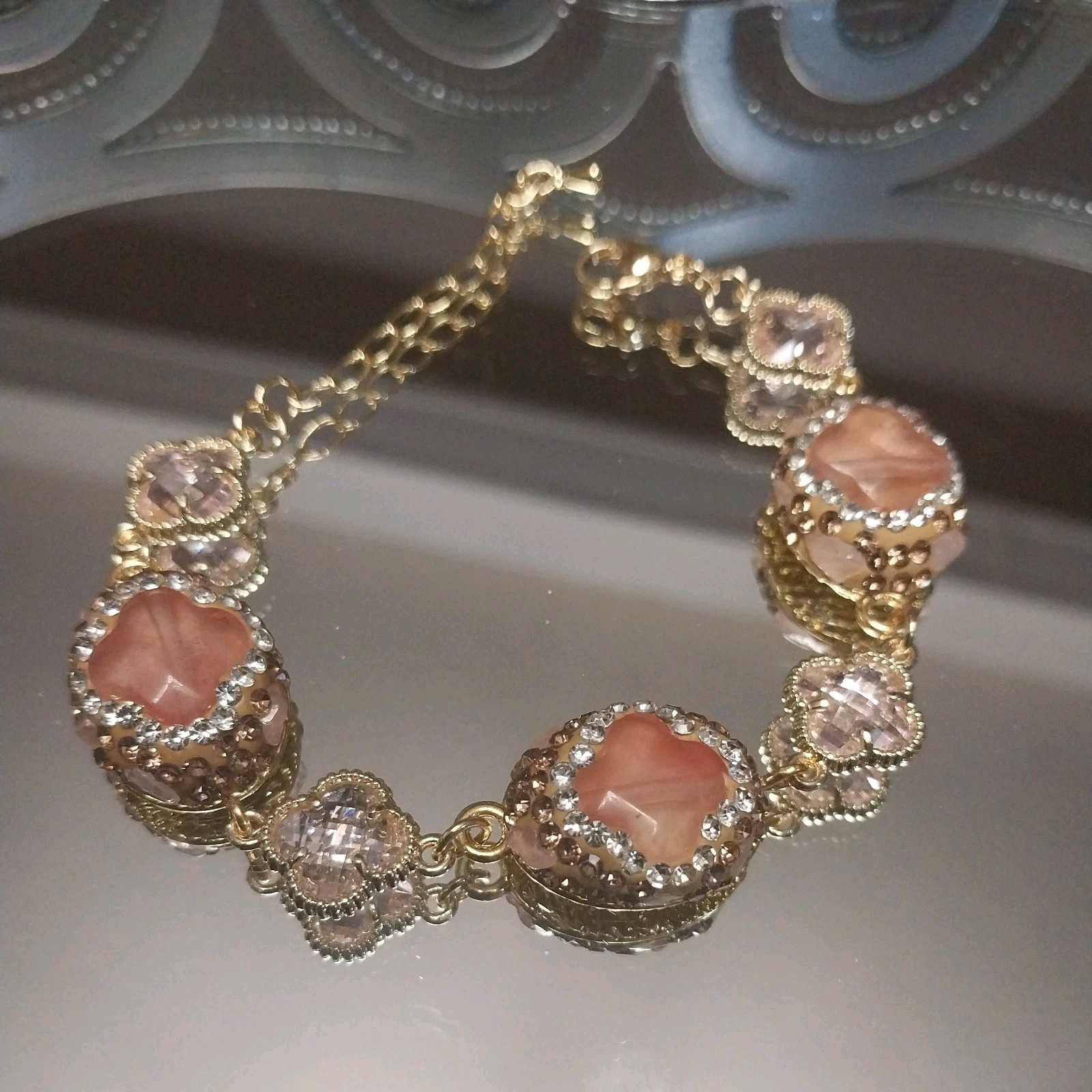 Turkish Rose Quartz Bracelet Gold Tone Pink Crystals Statement Jewelry. New.