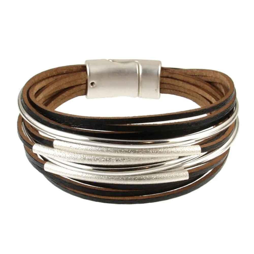 Silver Tube Black Leather Bracelet with a Magnetic Clasp Jewelry