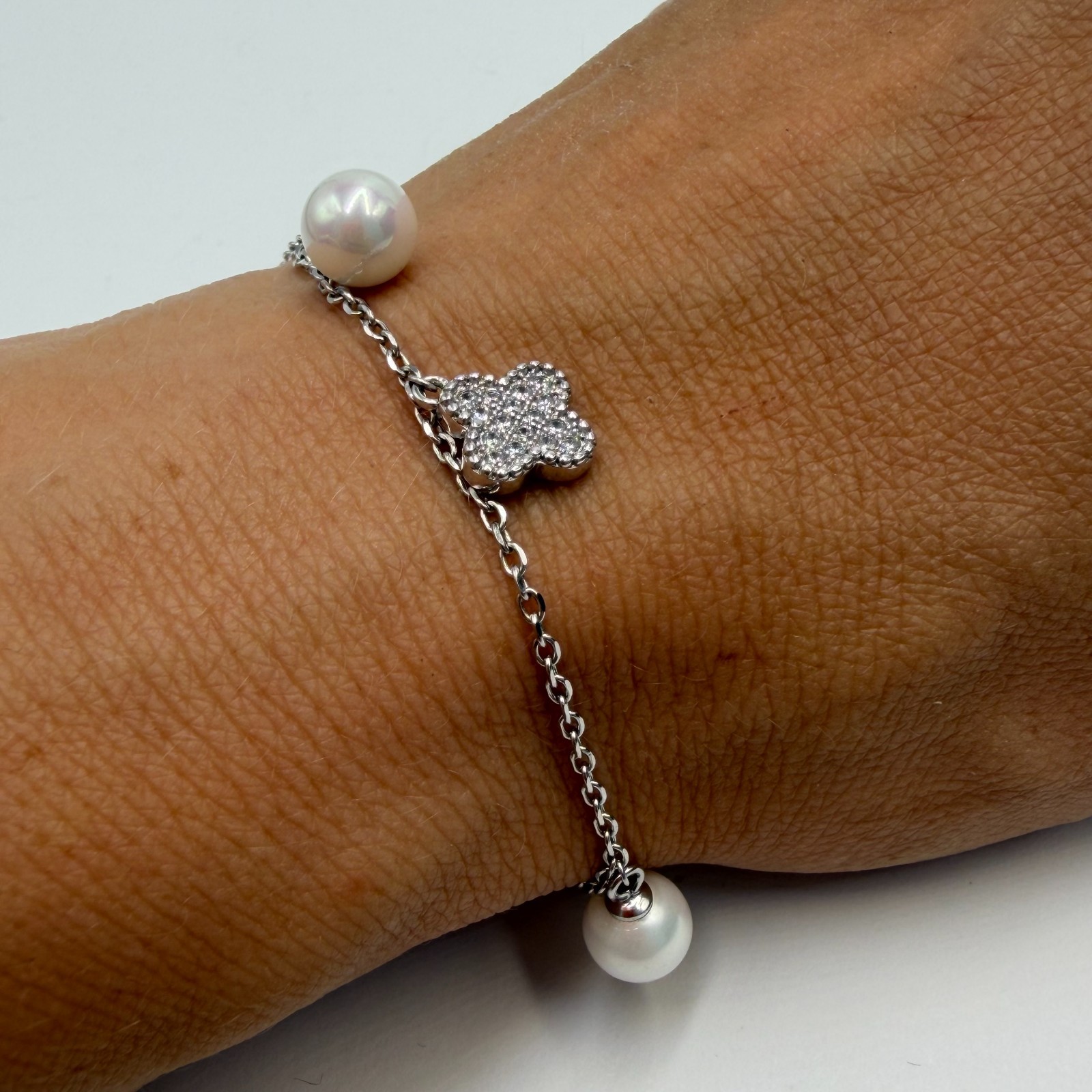Dainty Silver Faux Pearl Clover Charm Bracelet Link Chain