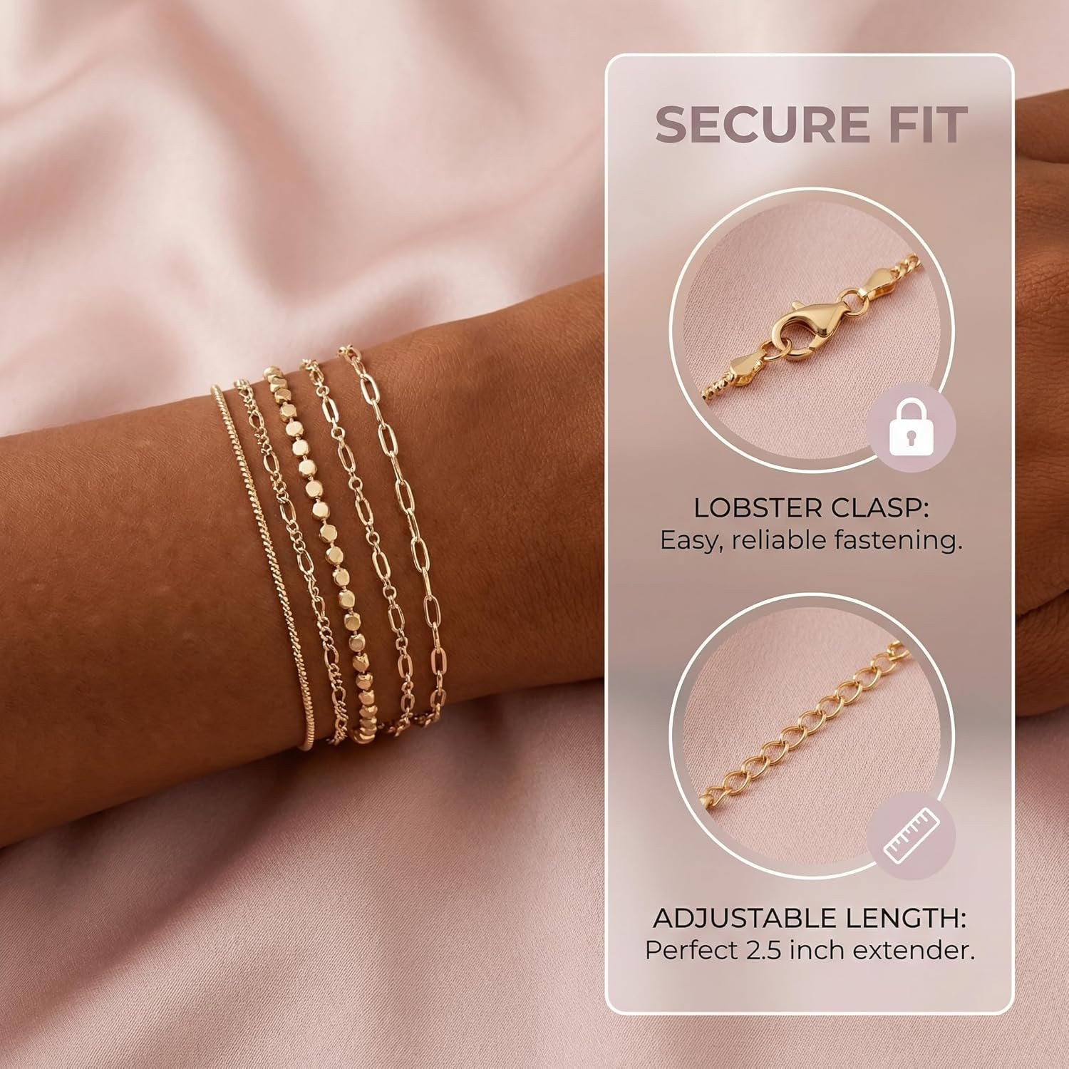 Silver Bracelet Set – Dainty Silver Bracelets for Women, 5 Packs, Waterproof Wom