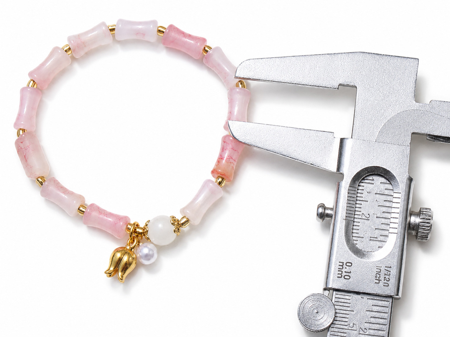 Pink Bamboo Glass Bead Stretch Bracelet Pearl & Gold Flower Charm Gift for Her