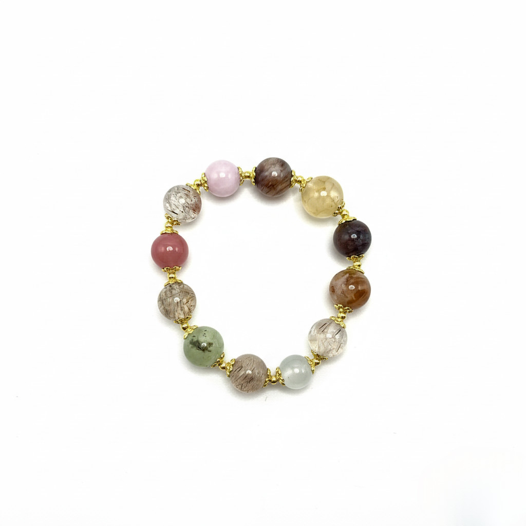 Natural Multi-Gemstone Bracelet 11mm Beads Handmade Stretch 17cm, Jewelry Gift