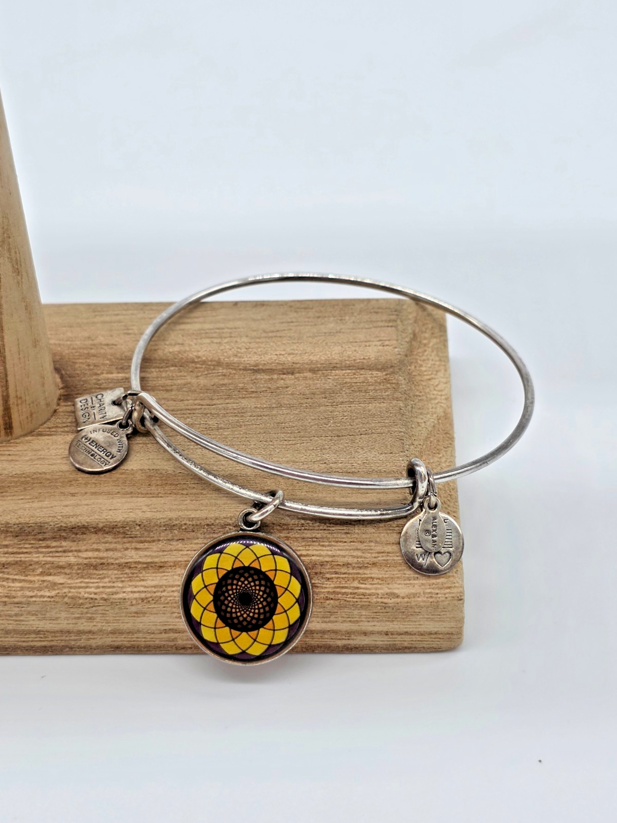 Alex and Ani SUNFLOWER Rafaelian Silver Epoxy Yellow Orange Brown Charm Bangle