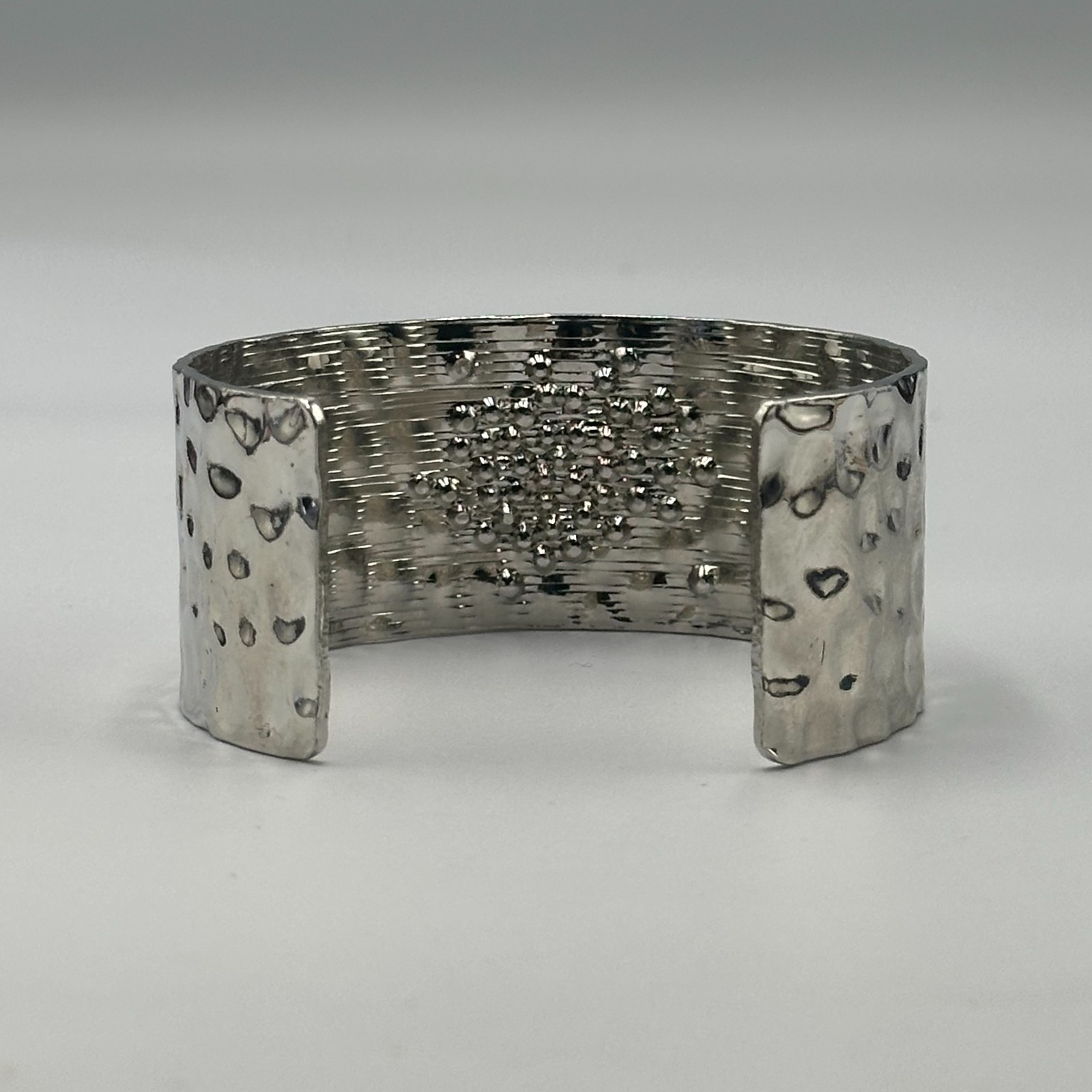 Cuff Bracelet Silver Tone Hammered Metal Brown Rhinestone Cluster