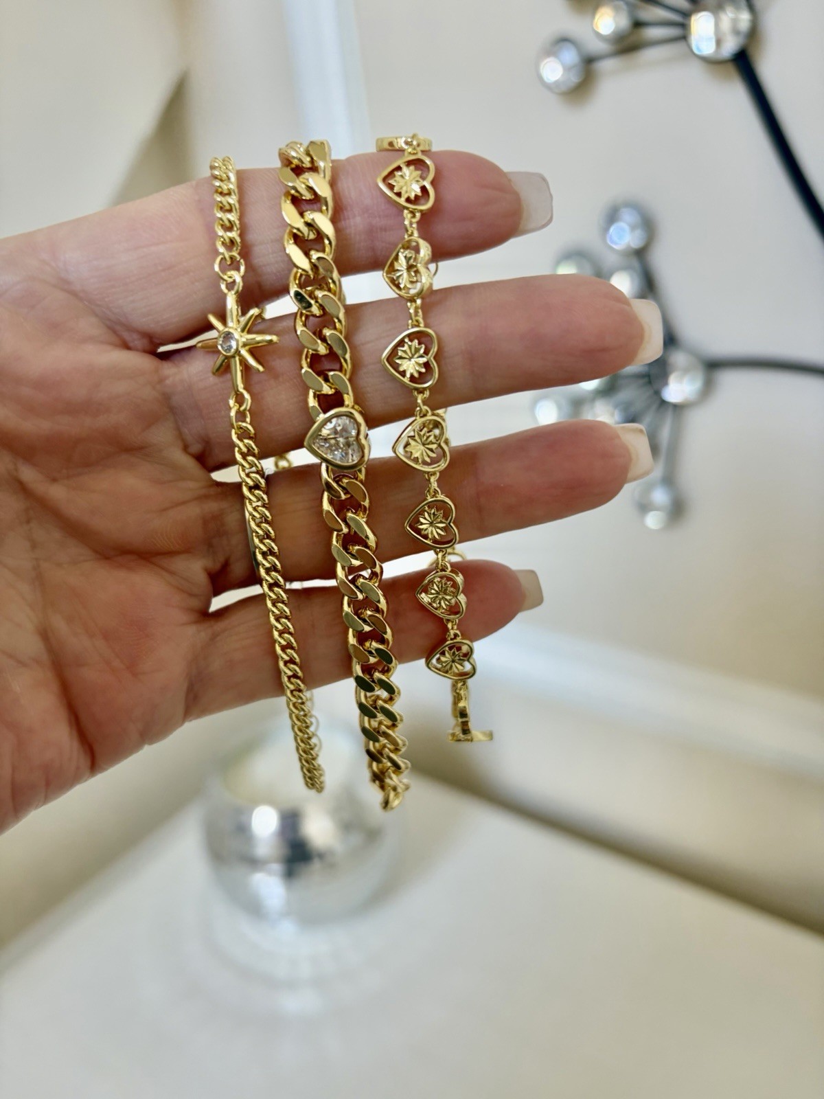 Lot of 3 Gold Tone Cuban Link Chain Bracelets Heart Dangle Clear Crystal