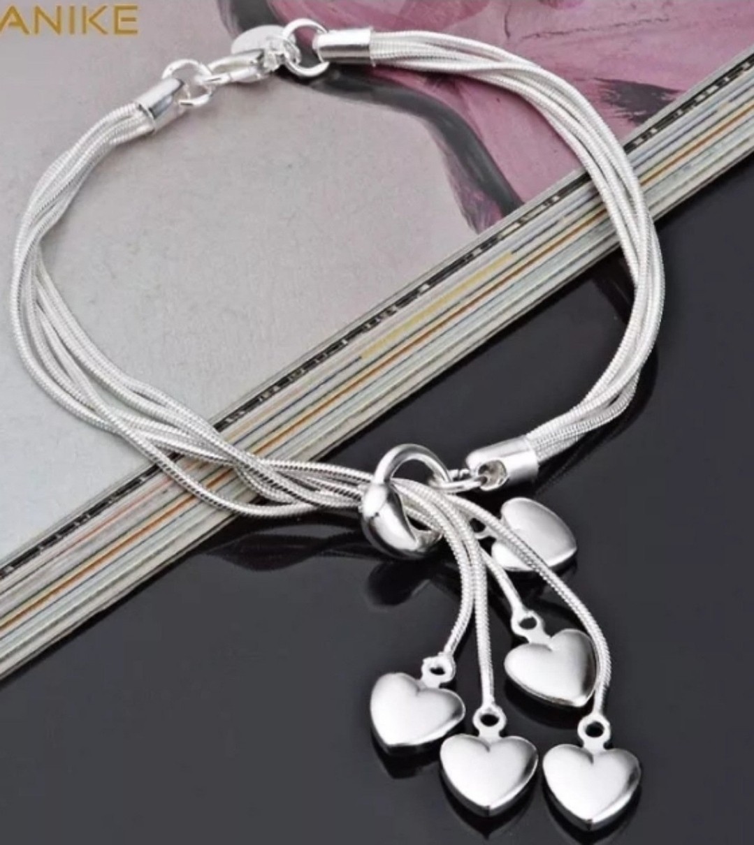 New 925 Sterling Silver Stamp Multi-Strand Snake Chain Heart Charm Bracelet
