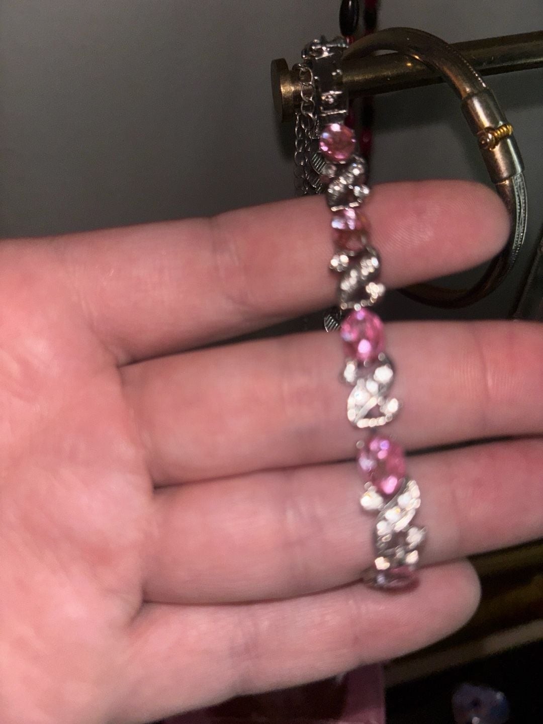 Silver Tone Pink Crystal and Clear CZ Tennis Bracelet