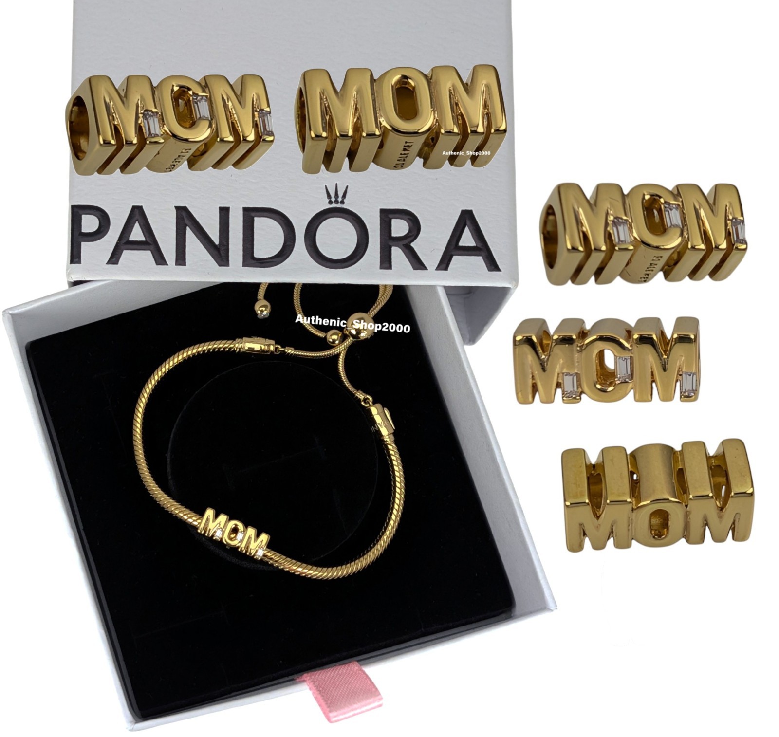 NEW 100% PANDORA 14K Gold Cherished Reversible MoM Charm + Bracelet Gift Set