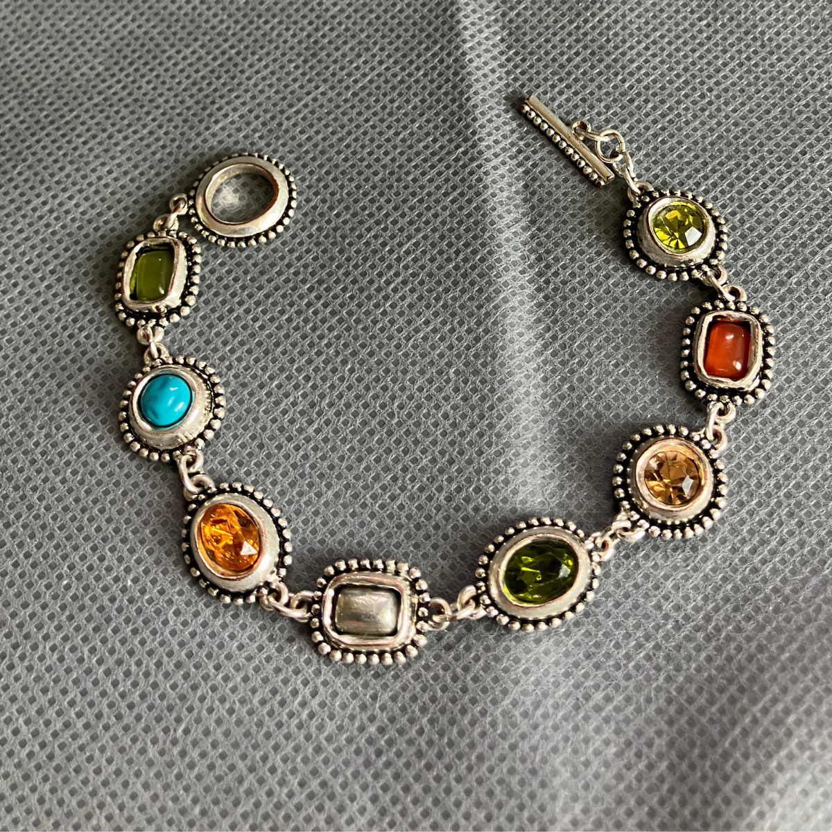 Vintage Silver Plated Glass Gem Bracelet Colorful Statement Jewelry Retro Fun