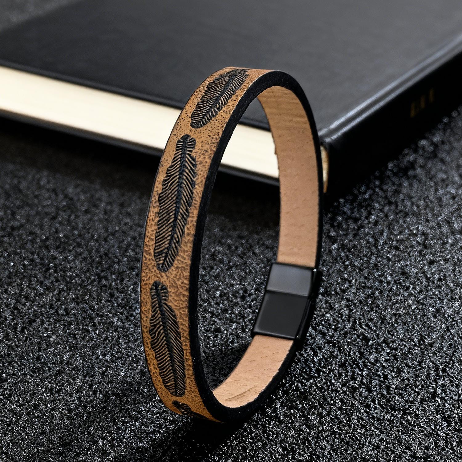 Feather Pattern Leather Cord Bracelet Unisex Minimalist Bohemian Jewelry