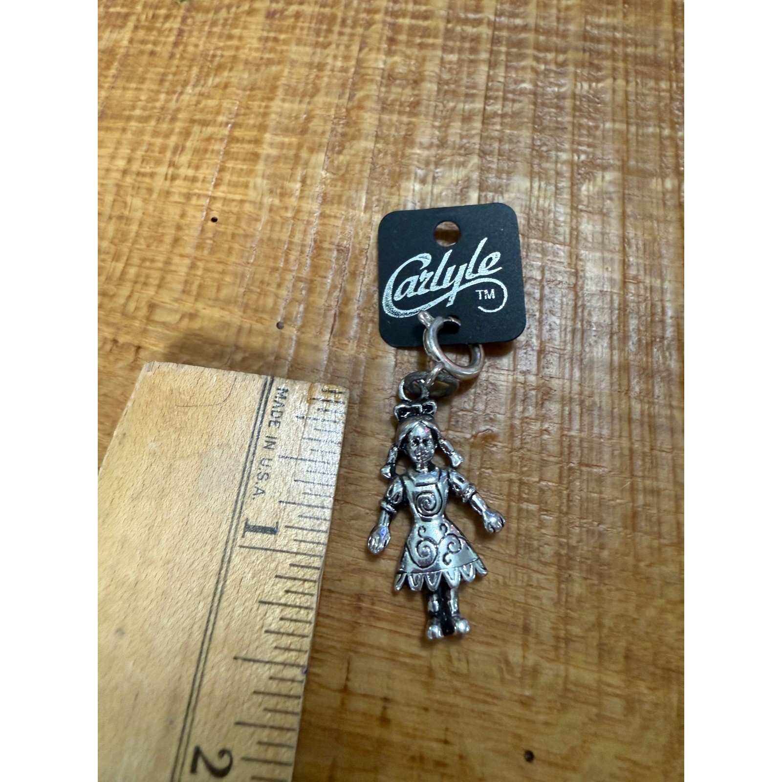 Carlyle Silver Tone Girl Figural Charm Antiqued Swirl Dress Pigtails Pendant NOS