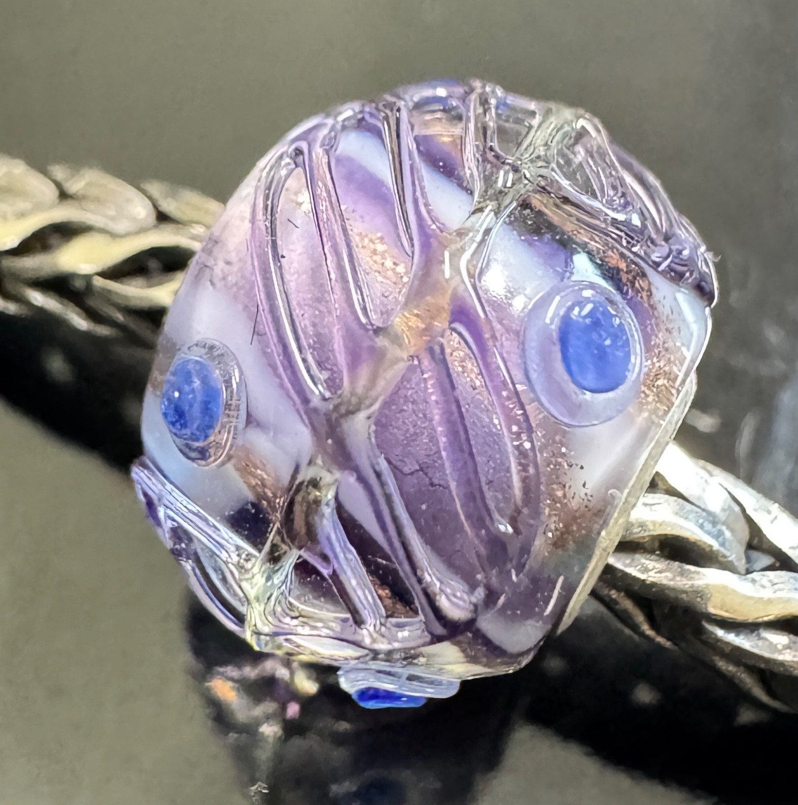 Trollbeads Sterling silver PURPLE BASE SPARKLY TEXTURED MINI BARREL