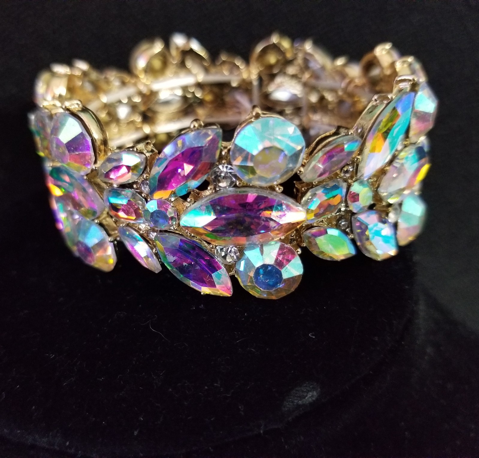 AB Iridescent Gold Rhinestone Stretch Bracelet Crystal Pageant Prom Drag Jewelry