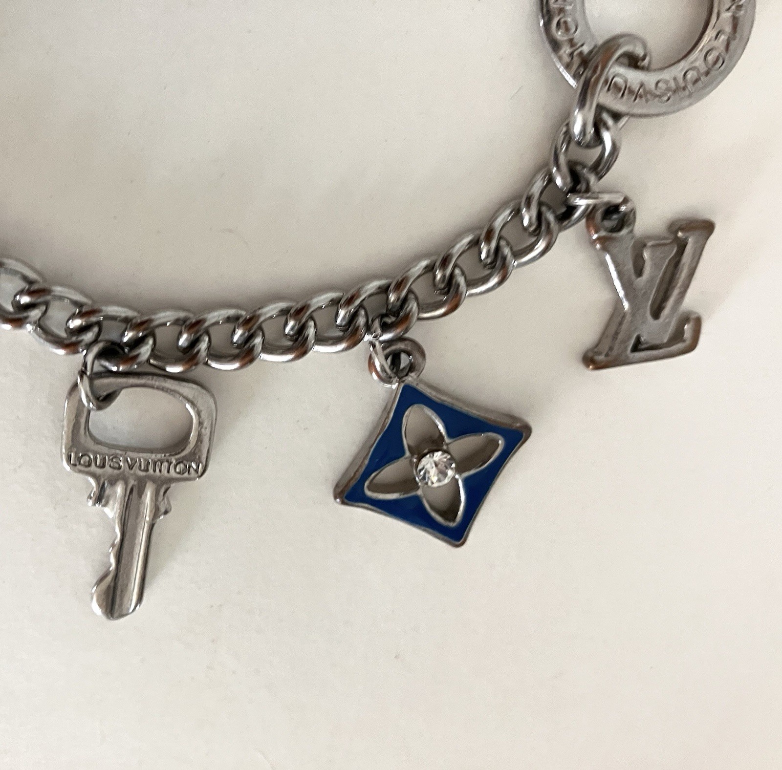 LOUIS VUITTON Vtg RARE Lock & Key, Sweet Monogram Enamel Charm Bracelet 8 Charms