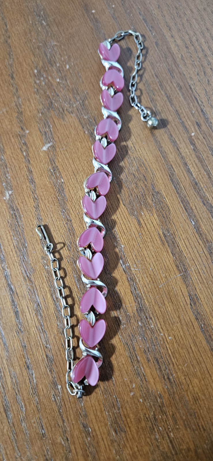 Vintage Pink & Silver Enamel Heart Chain choker Lobster Clasp