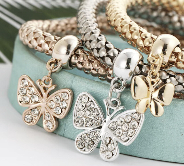 3piece Zinc alloy Butterfly Pendant Charm Bracelet Stretchable Braclet1