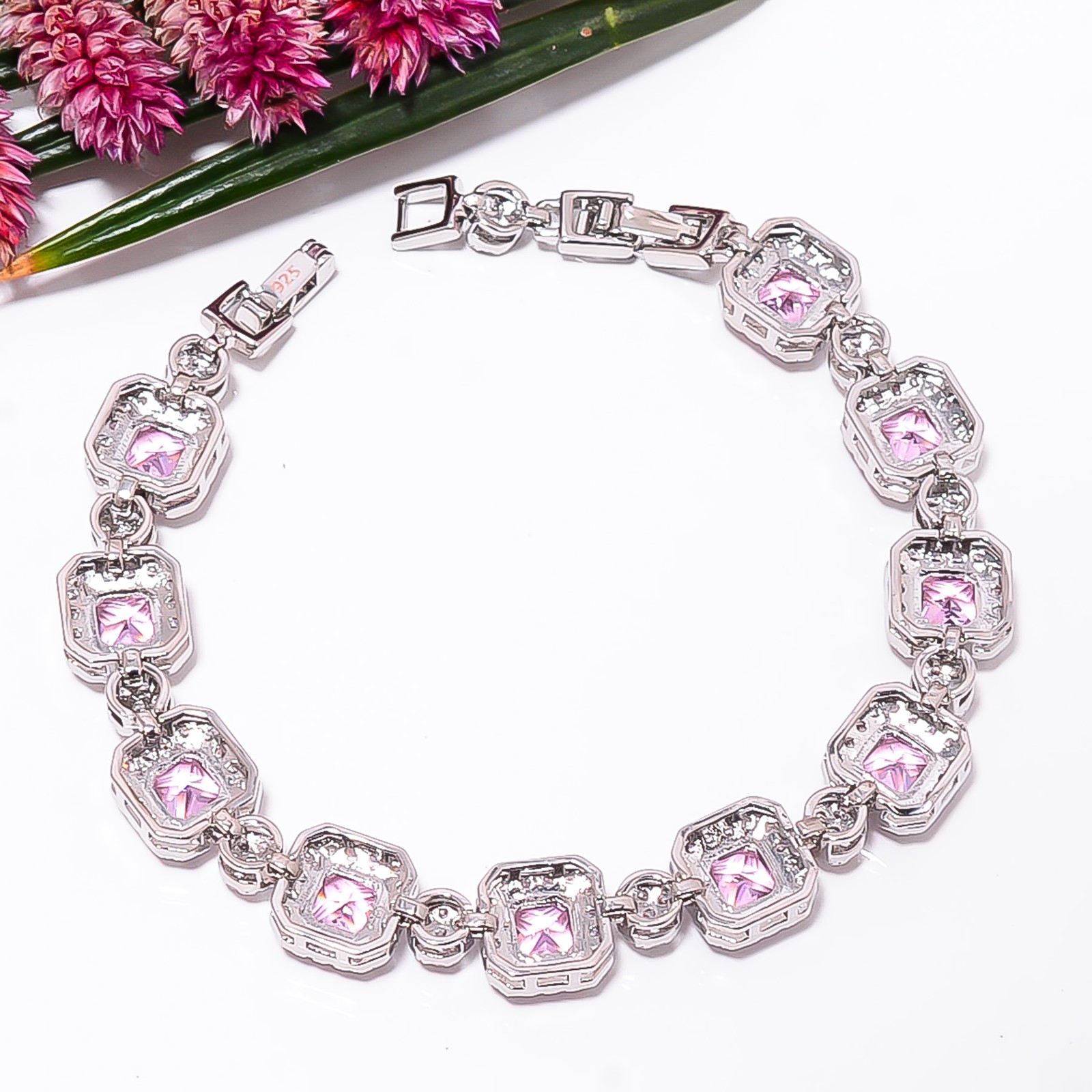 Pink Sapphire -Simulated, CZ 925 Sterling Silver Adjustable Bracelet 7-8″ B1912