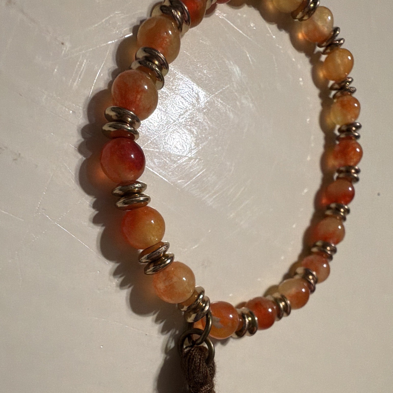Orange Stone Beaded Stretch Adjustable Bracelet Brown Tassel Dangle Silver