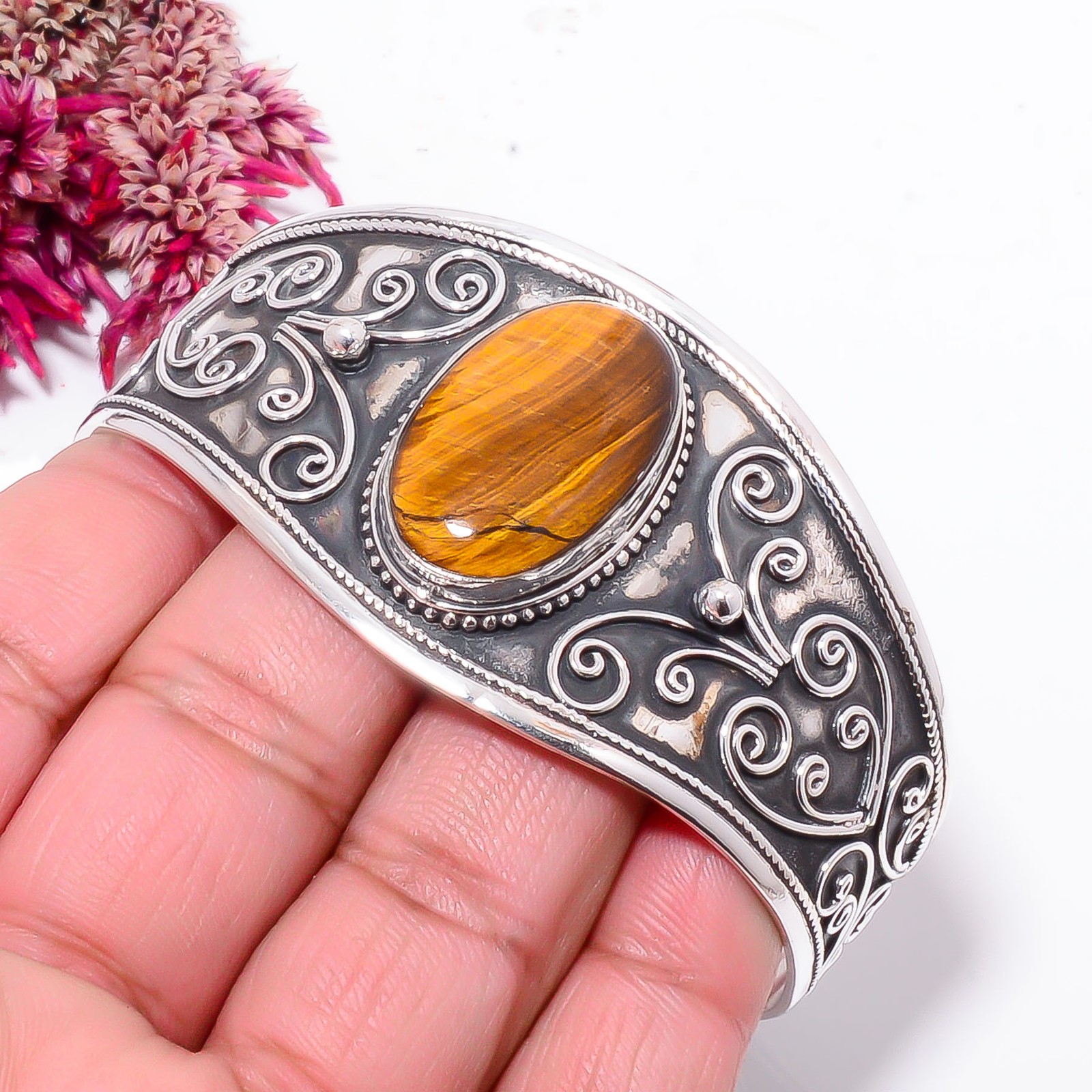 Yellow Tiger Eye – South Africa 925 Sterling Silver Bali Cuff|C968558732