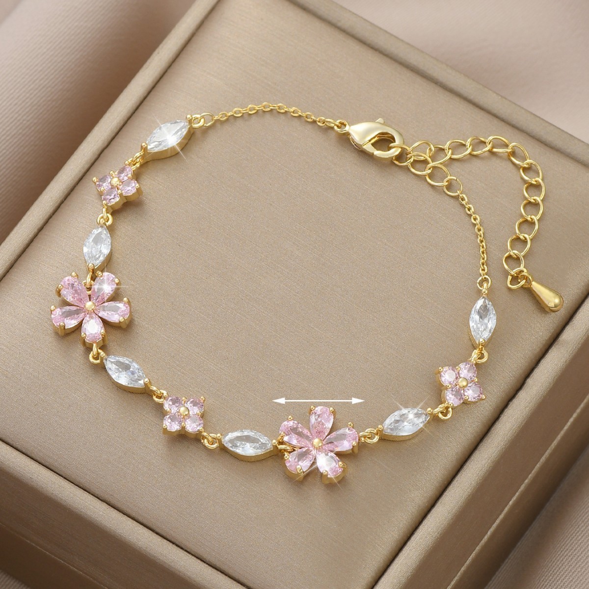 Lady’s Golden-Gold Plated Pink Cherry Zirconia Bracelet – Adjustable – Gift