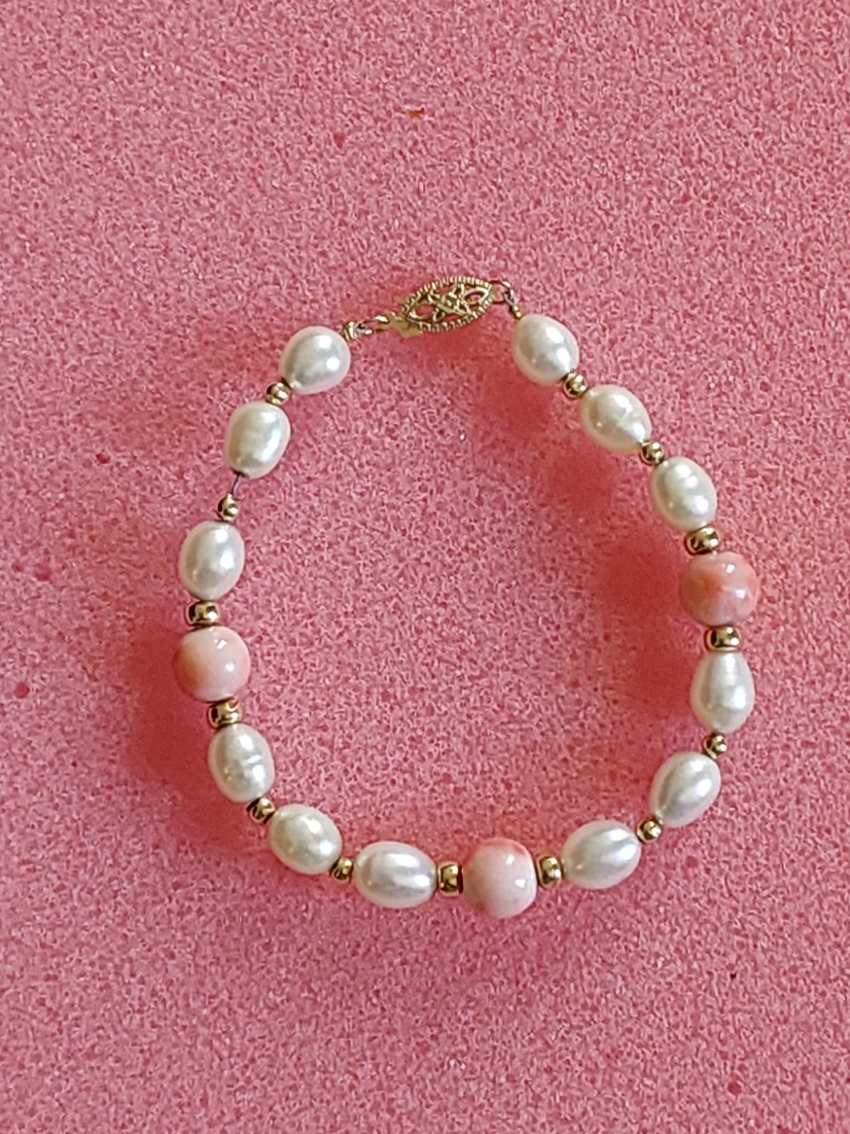 White Faux Pearl & angel skin pink Beaded Bracelet, 14k Hook Clasp