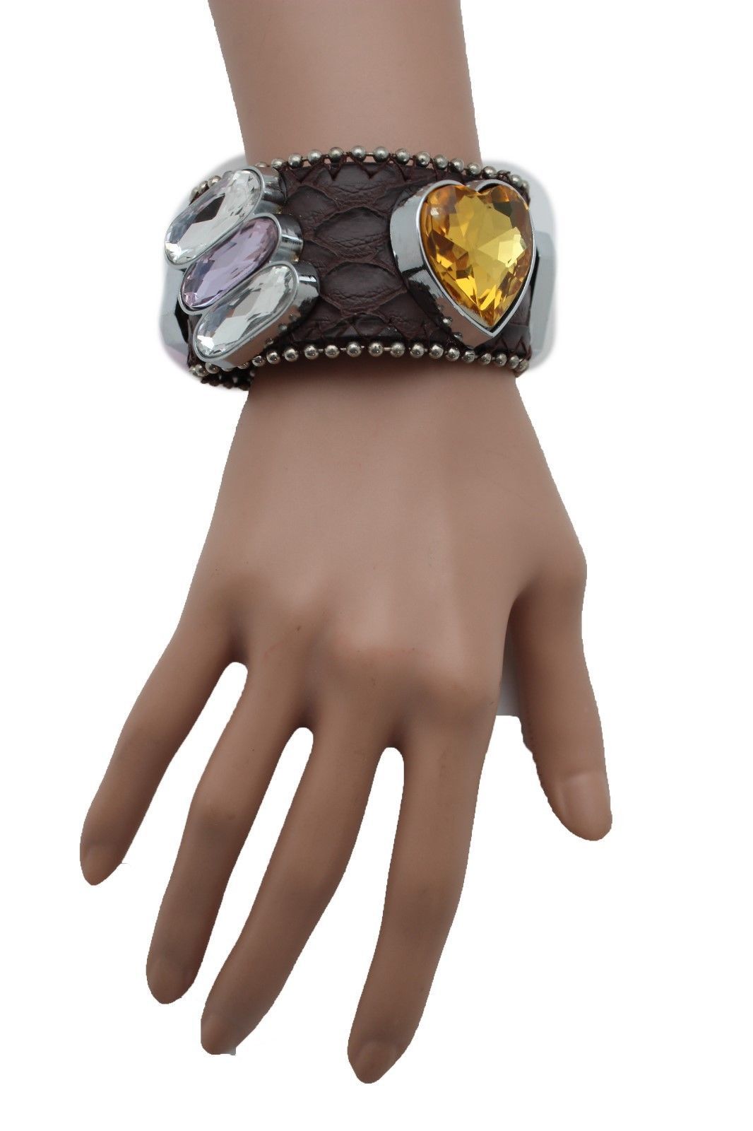 Women Brown Leather Bracelet Fashion Silver Rhinestone Beads Orange Purple Heart