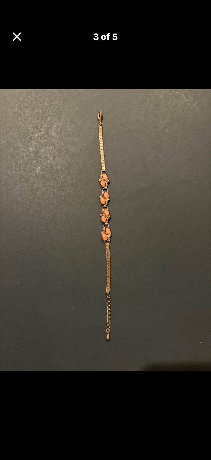 Gold Tone Curb Link Chain Bracelet 8 Oval Orange Stones Lobster Clasp 7-7.5in