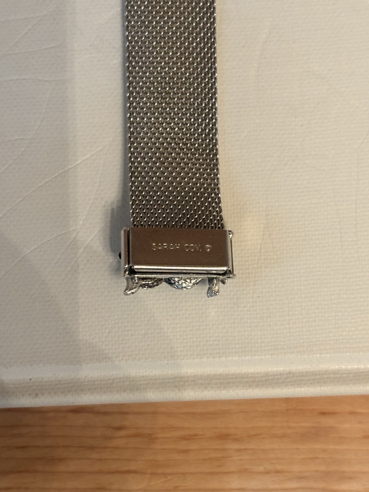 Sarah Coventry Signed Silver Mesh Slide Bracelet Owl Dangle Charm Purple Eyes