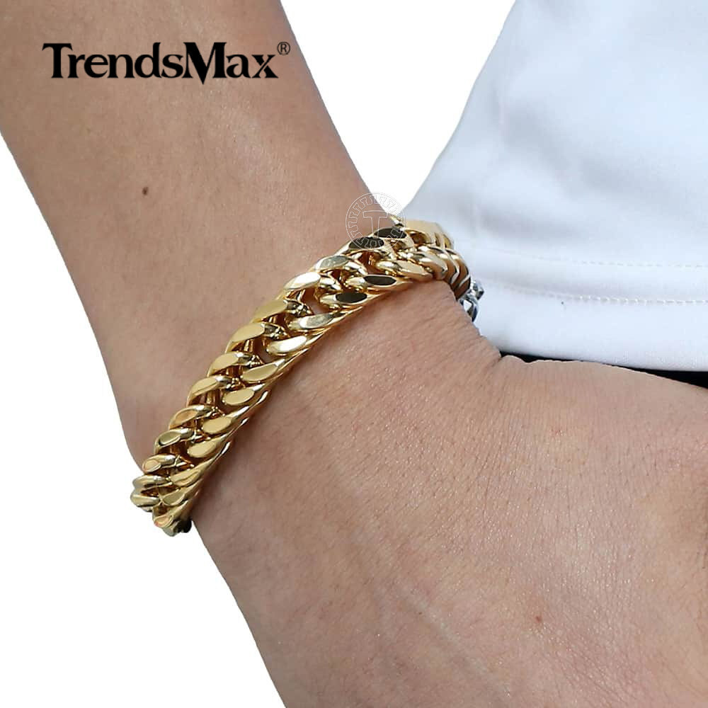 10mm Gold Plated Cut Curb Link Rombo Chain Bracelet 316L Stainless Steel Bangle