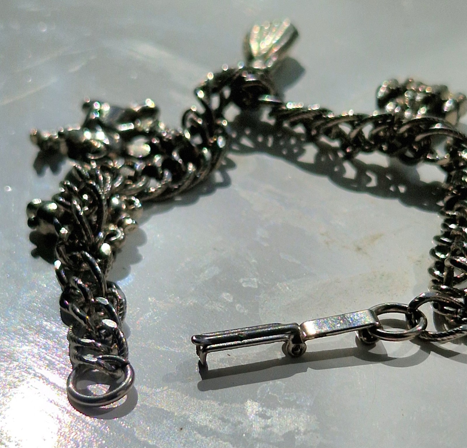 Silver-Tone Curb Link Charm Bracelet • Dangle Charms • Bar Closure • Metal