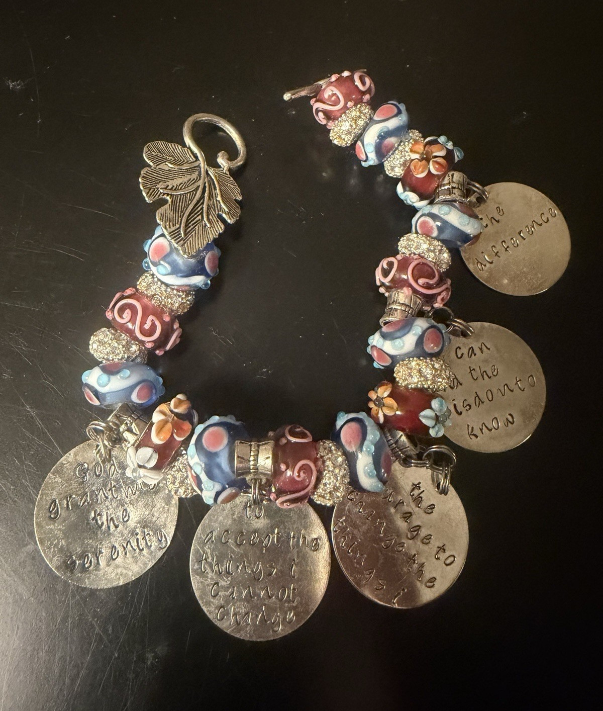 Multicolor Glass Beaded Charm Bracelet w/ Dangle Charms, Engraved Toggle