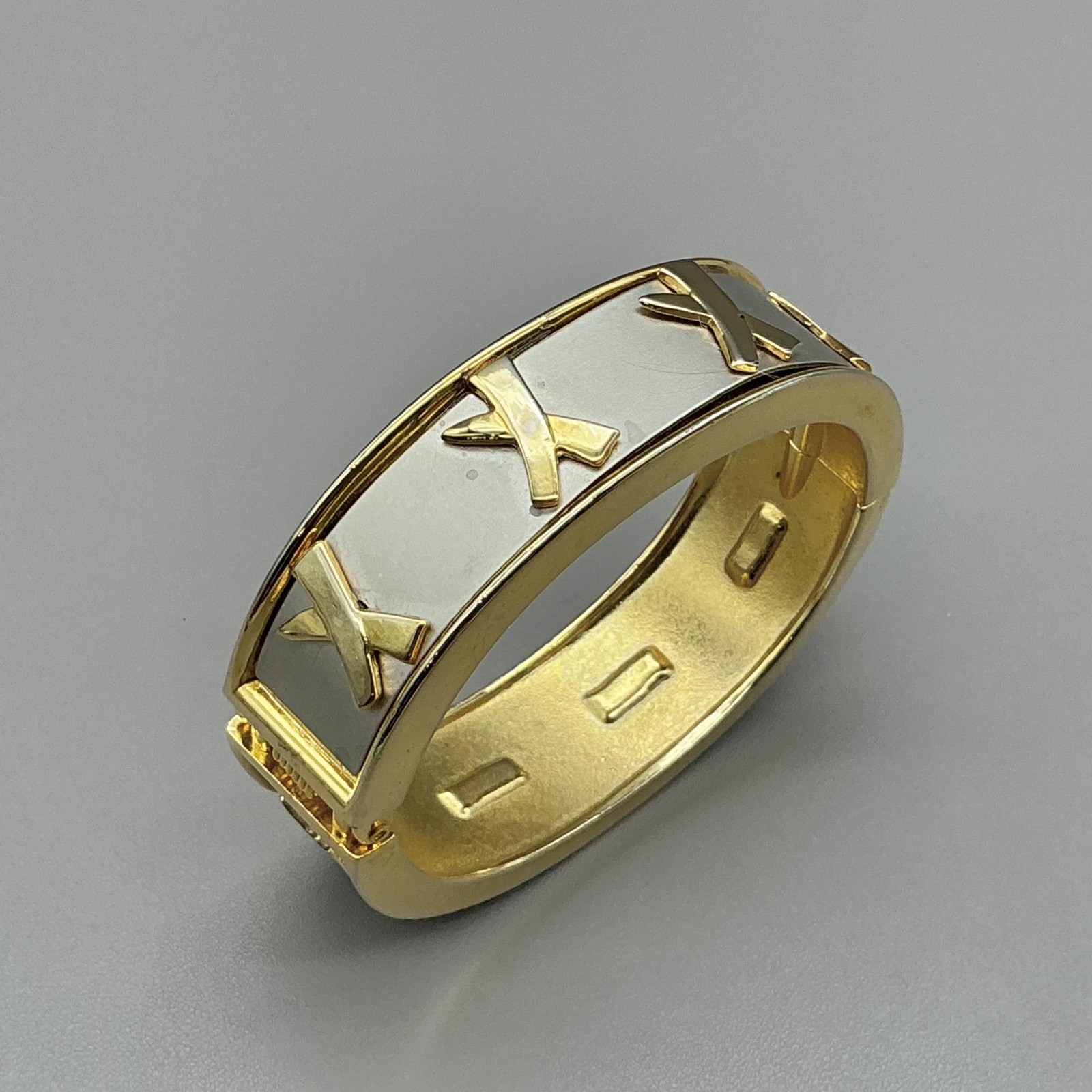 Bracelet Gold Tone Gray X Motif Hinged Bangle Push Lock Womens Fashion Jewelry